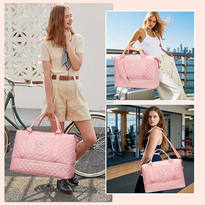 Gifts for Friend Women Girls Birthday Initial Travel Duffle Bag Quilted Weekender Bags Carry-On Overnight with Makeup Bag, Gym Bag with Shoe Compartment, Pink-O - Image 9