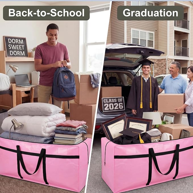 Windyun 4 Pack 75 Gallon Extra Large Moving Bags XXL Heavy Duty Storage Bag with Strong Zipper Handle Jumbo Big Tote Box Foldable for College Dorm Travel Clothes Duffle Blanket Pillow(Pink) - Image 4