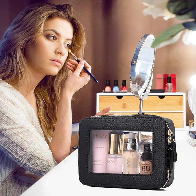Pinkmik Clear Makeup Bag Waterproof Travel Case for Cosmetics and Toiletries Women's Purse Organizer and Clear Car Bag with Zipper (Black, M+MINI) - Image 3