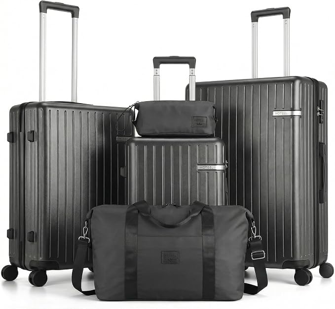 Hoteel Luggage Sets 5 Piece (4-YEARS WARRANTY), ABS+PC Suitcases with Wheels and Side Hook, Hardshell 20/24/28 inch Luggage with Duffel Bag Travel Bag, Black by HOTEEL