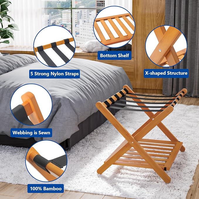 Smuxee Fully Assembled Honey Luggage Racks Pack of 2, Upgraded Bamboo Foldable Suitcase Stand with 5 Nylon Straps, Luggage Holder with Shelf for Guest Room Bedroom Hotel - Image 3