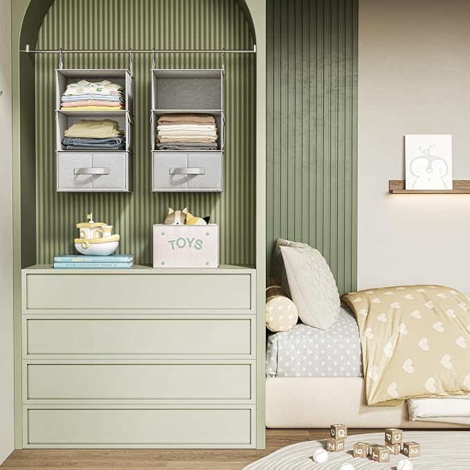 Vailando 3-Shelf Hanging Closet Organizer, Set of 2 Hanging Shelves with 2 Drawers for Wardrobe, Nursery, Baby Clothes Storage and Organization, Silver Gray - Image 2