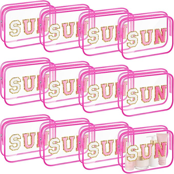 Kacctyen 12 Pcs Clear Sun Makeup Bags Bulk Sunscreen Pouch for Beach Pool Waterproof Toiletry Cosmetic Zipper Organizer with Preppy Chenille Letter Patch Women Girls Summer Vacation Gifts Essentials by Kacctyen