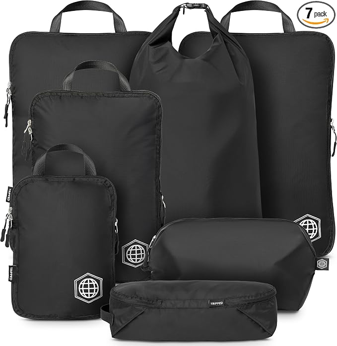 Large Compression Packing Cubes for Travel-Packing Cube Luggage Organizers 7 Piece Set for Checked Luggage-Ultralight, Expandable/Compression Bags by TRIPPED Travel Gear (Black) by TRIPPEDTravelGear