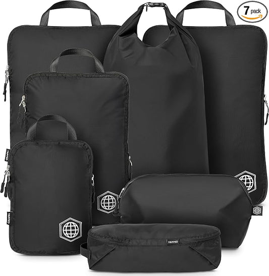 Large Compression Packing Cubes for Travel-Packing Cube Luggage Organizers 7 Piece Set for Checked Luggage-Ultralight, Expandable/Compression Bags by TRIPPED Travel Gear (Black) by TRIPPEDTravelGear