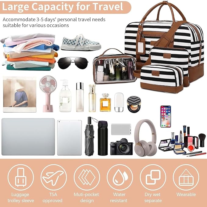 Wogarl 4PCS Weekender Bags for Women Large Overnight Weekend Travel Duffel Carry on Shoulder with Shoe Compartment Canvas Toiletry Bag for Travel Business Gym - Image 6