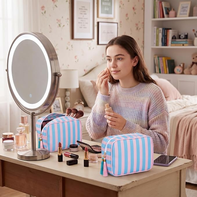 Kacctyen 6 Pack Peony Pink and Slate Blue Striped Makeup Bag bulk with Tassel Travel Cosmetic Pouch Organizer Large Zipper Toiletry Case for Women Aesthetic Storage Pouch Mahjong Tile Bag - Image 6