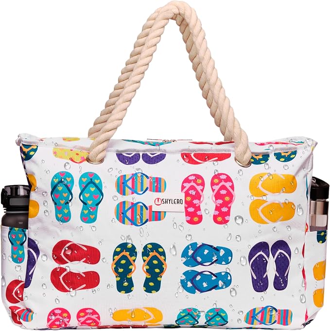 Beach Bag and Pool Bag Has Cooler Pocket, 7 Pockets Total, Zip Top. Family Size Waterproof Beach Tote by SHYLERO