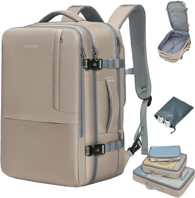 MOLNIA 50L Expandable Travel Backpack for Women Men, Carry On Travel Essentials, Flight Approved Fits 21 Inch Laptop Backpack, Waterproof Business Suitcase Weekender Backpack, Beige by MOLNIALIFE
