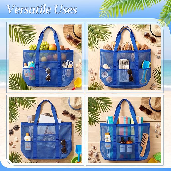 Hillban Large Beach Mesh Bags Bulk for Women Beach Tote Bag with 8 Pocket Zipper Waterproof Sandproof for Pool Cruise Ship - Image 6