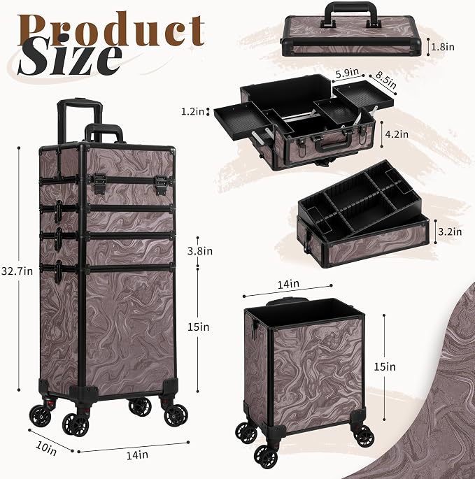 Rolling Makeup Train Case with Lid Cosmetology Case on Wheels | 5 in 1 Large Cosmetic Trolley Organizer Travel for Hairstylist Artist Nail Beauty Salon Barber Cart Trunk, Brown Ink - Image 3