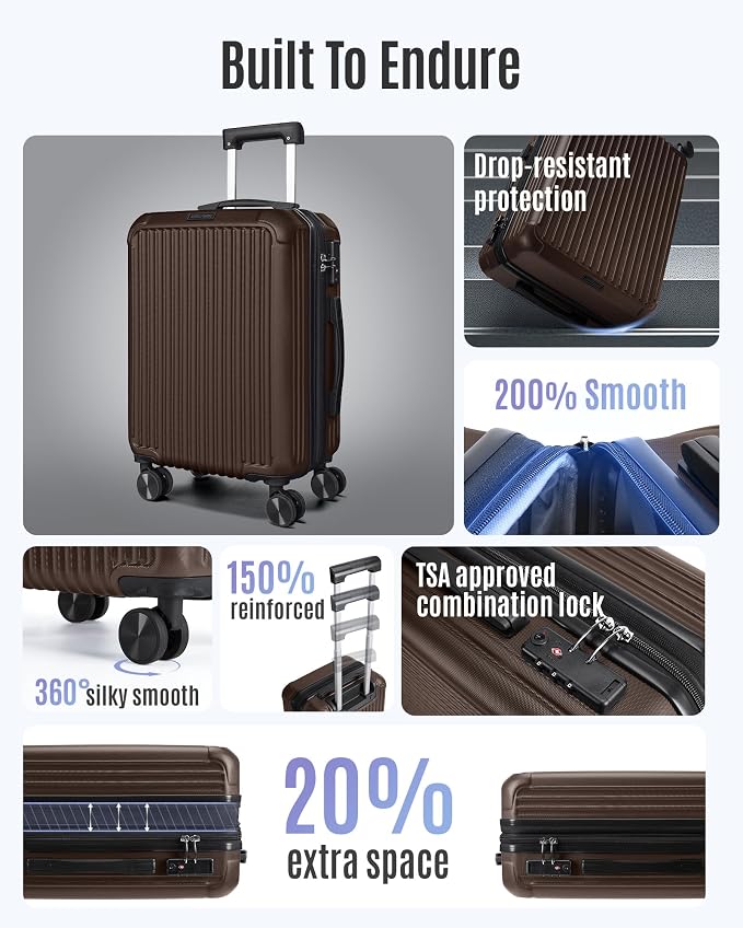 LIGHT FLIGHT Carry On Luggage 22x14x9 Airline Approved, Coffee Brown | Airline Approved, Hard Shell with Wheels, Expandable Hardside, Lightweight, TSA Lock - Image 2