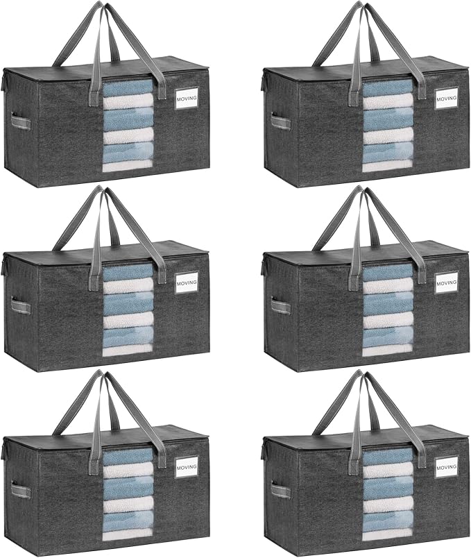 VENO 6 Pack Heavy Duty Moving Bags, Clothes and Comforter Storage Bags with Clear Window, College Dorm Essentials Packing Supplies, Foldable Boxes Alternative (Gray, 6 Pack) by Veno