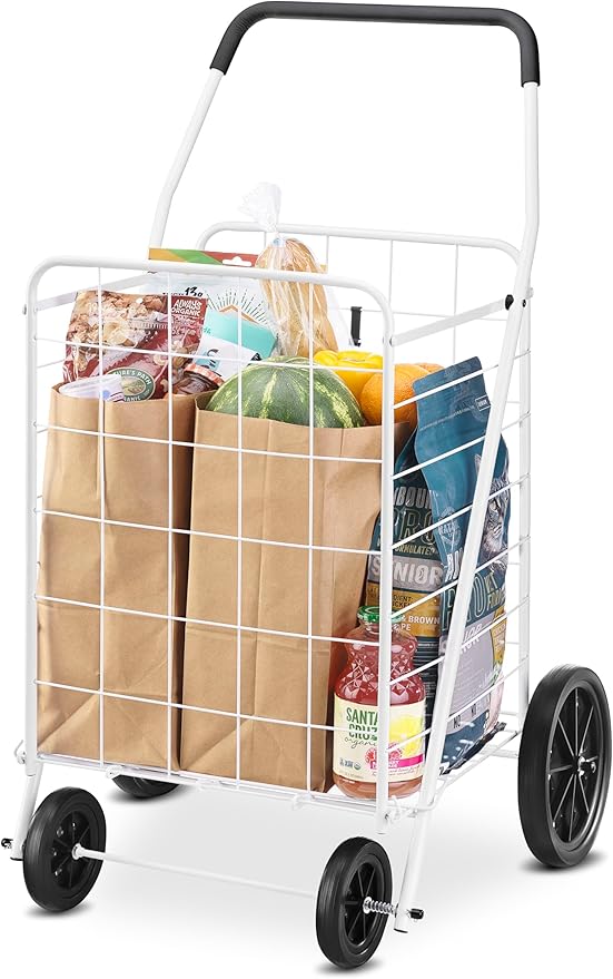 Whitmor Deluxe Utility Foldable Shopping Cart with Wheels, 100 Lb Capacity, Heavy Duty Grocery Cart with Steel Frame, Foam Handle, Rolling Folding Utility Trolley for Grocery, Laundry, Travel, White - Image 4
