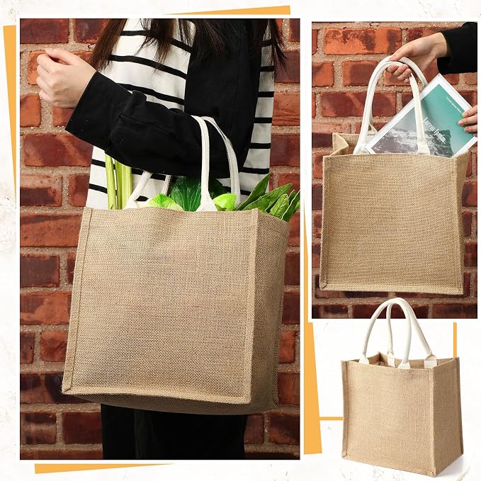 Saintrygo 12 Pcs Burlap Jute Tote Bags with Handle Reusable Blank Bridesmaid Gift Bags for Shopping Wedding DIY, 12x12x7.7In(Jute and White) - Image 4