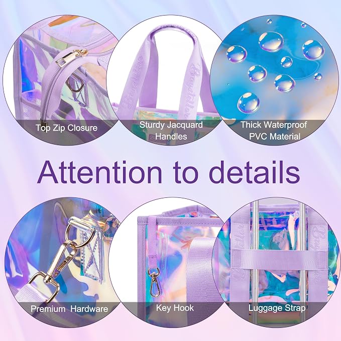 Bagstellar Iridescent Beach Bag, Jelly Tote Bag with Phone Pouch Makeup Bag | Large Beach Bags Waterproof Sandproof, Zipper Beach Tote Clear Pool Swim Boat Bag for Women Summer Travel Cruise Essentials - Image 9
