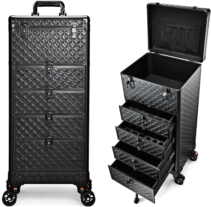 Yueieoun Nail Salon Cart with 4 Drawers,Rolling Makeup Train Case for Beauty,Cosmetology Case on Wheels,Trolley Cart,Lockable Organizer Travel Case for Manicure/Face Painting/Hairstylist/Tattoo Artist by Yueieoun