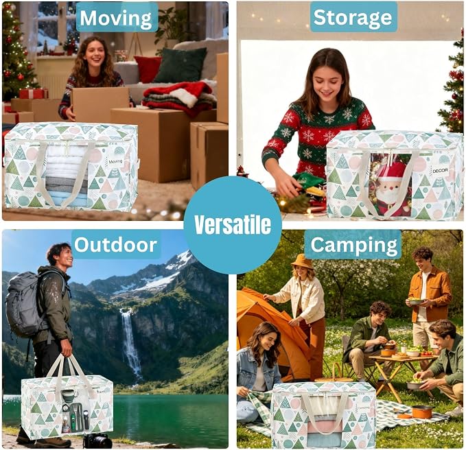 VENO 6 Pack Moving Bags, Large Christmas Storage Bins with lids, Packing Supplies for College, Alternative to Moving Boxes, Foldable, Heavy-Duty Tote, Christmas Pattern (Pastel Forest, 6 Pack) - Image 8