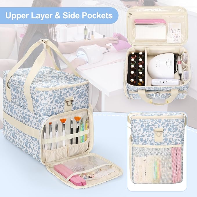 Relavel Nail Polish Organizer, Nail Bag Holds 80 to 100+ Bottles (15ml/0.5fl.oz) Nail Lamp, Nail Supplies Kit Gels Polish Storage Case with 2 Removable Pouches for Manicure Nail Tech Gifts (Floral) - Image 4