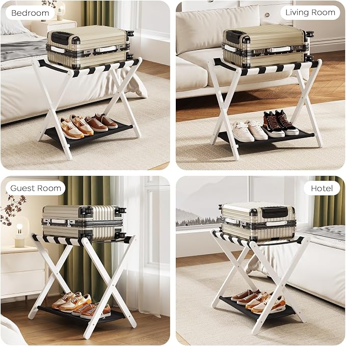 Fully Assembled Luggage Rack, 26.77" Folding Suitcase Stand with Storage Shelf, Bamboo Luggage Stand for Guest Room, Bedroon and Hotel, Holds up to 165 lb, Fit Most Luggage Size, 1 Pack, White - Image 8