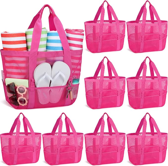 Hillban Large Beach Mesh Bags Bulk for Women Beach Tote Bag with 8 Pocket Zipper Waterproof Sandproof for Pool Cruise Ship by Hillban