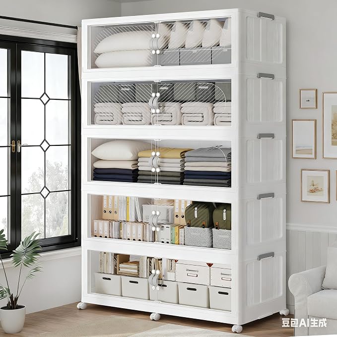 300Gal/1200QT 5-Tiers Extra Large Stackable Storage Bins with Lid, Collapsible Cabinet Closet Organizer Plastic Container Box with Wheels Doors Drawers for Office Dorm Kitchen, White by Unknown