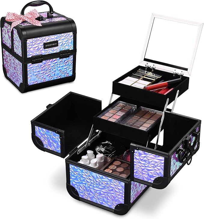 BYOOTIQUE Mini Makeup Train Case with Mirror 2 Tier Trays Box Makeup Artist | Aluminum Portable Travel Makeup Case Organizer Box Lockable Suitcase Cosmetic Storage Hairstylist Nail Tech Mermaid Purple - Image 3