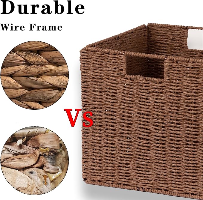 Vagusicc Wicker Storage Basket, Set of 2 Hand-Woven Storage Baskets for Shelves with Handles, Foldable Cube Storage Baskets Bins Organizer, 13 inch Large Wicker Baskets for Pantry Bedroom Decor, Brown - Image 6