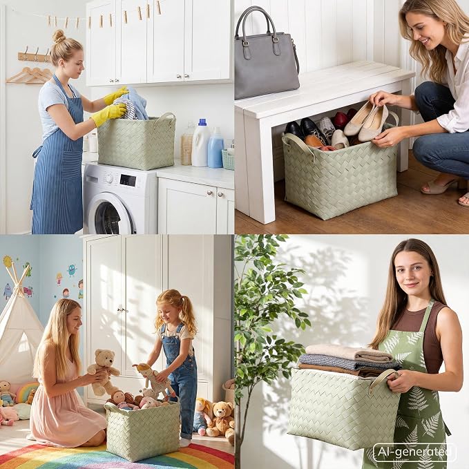 BROWNLILY Handwoven Clothes Basket Laundry Hampers Large Wicker Storage Baskets for Shelves Blankets Closet Storage Bins Car Bedroom Bathroom Organizers and Storage Bath (Pack of 4, Green) - Image 7
