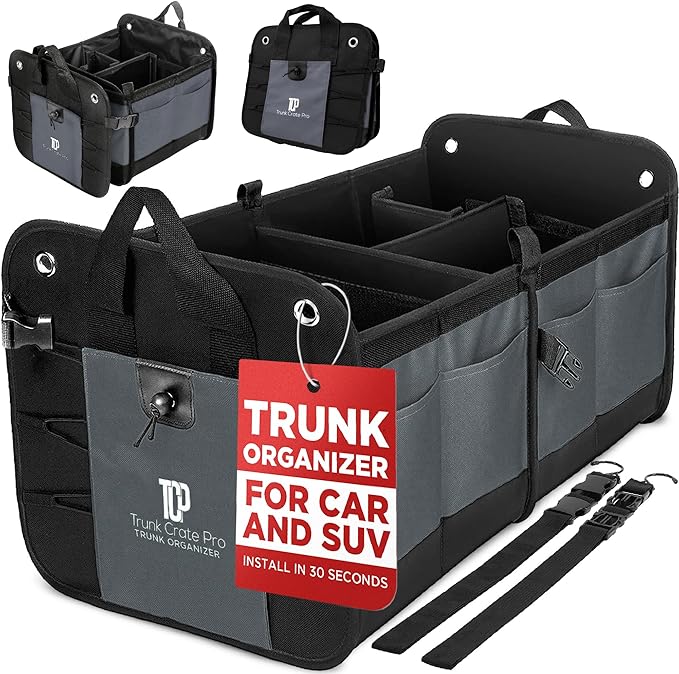 Car Cargo Organizer for SUV, Truck & Auto Storage, Gift, Grey, Large | Fits Cars, SUVs & Trucks • 4 Adjustable Compartments • Non-Slip Base & Straps • Foldable • 11 Pockets • Gift by TRUNKCRATEPRO