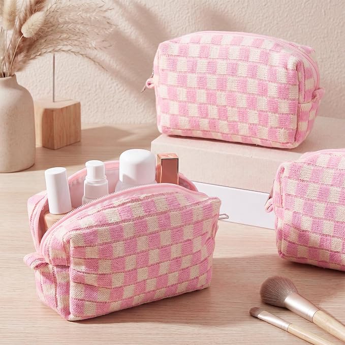 Gilprop 8 Pcs Checkered Makeup Bag for Purse Small Cosmetic Pouch Bulk Portable Zipper Makeup Pouch Travel Toiletry Organizer Gifts for Women Bridesmaid Wedding Party Favors (Pink White) - Image 3