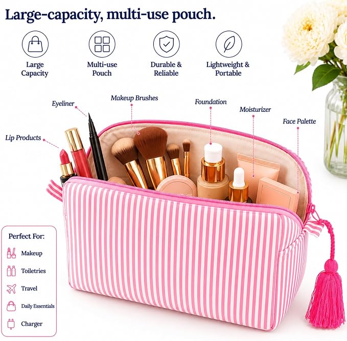 Huar Travel Makeup Bag- Large Capacity Cosmetic Bags for Women - Water Resistance Lining Portable Pouch & Open Toiletry Bag - Perfect Girls Makeup Organizer for Travel Essentials (Pink Stripe) - Image 2