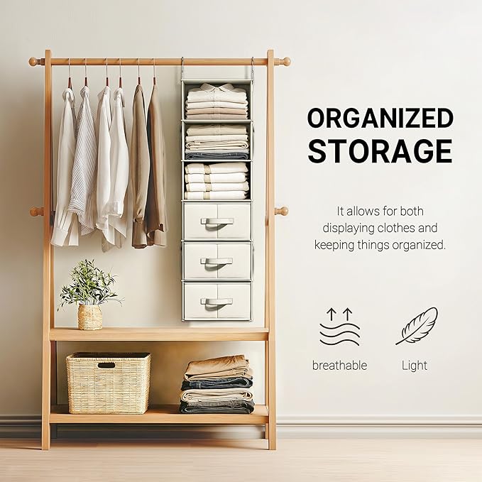 Vailando 6-Shelf Hanging Closet Organizer with 3 Drawers, 6-Shelf Inseparable Closet Organizers and Storage for Wardrobe Organization, Hanging Dresser for Nursury & Dorm Clothes Organizer, Beige - Image 5