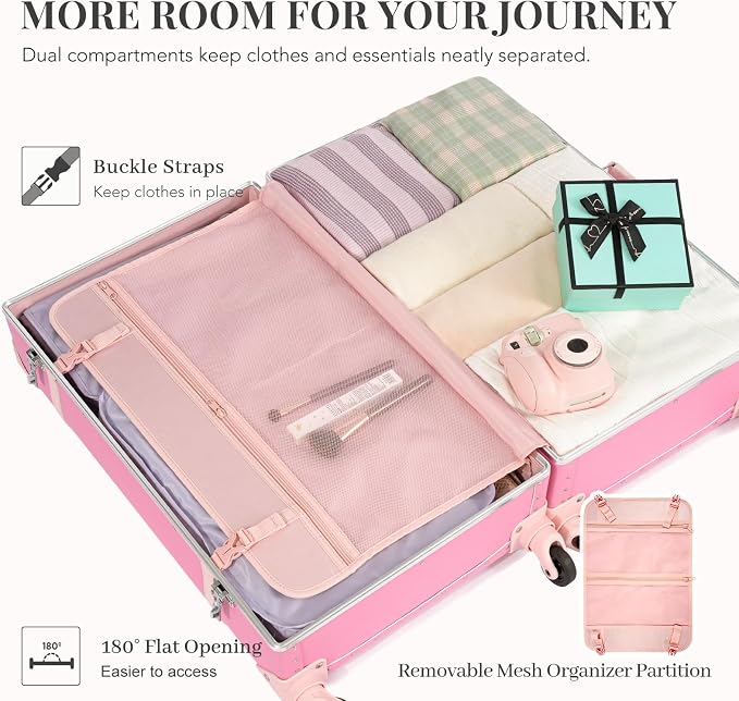 urecity 26" Vintage Luggage Set, 2 Piece Bubblegum Pink Retro Checked Suitcase with Cosmetic Case, Luxury Vegan Leather Aluminum Frame Spinner Trunk for Women (with Protective Clear Cover) - Image 3