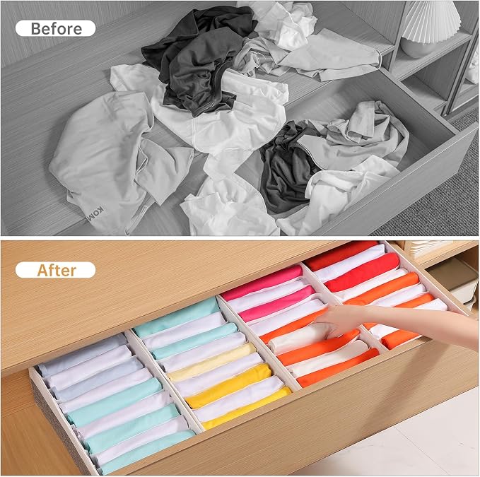 4 Packs T-shirt Drawer Organizers for Clothing,10 Grids Compartment Wardrobe Storage Box, Clothes Organizer for Folded Clothes, T-shirt, Legging-15.75''x9.06''x5.91''-GreyWhite - Image 3