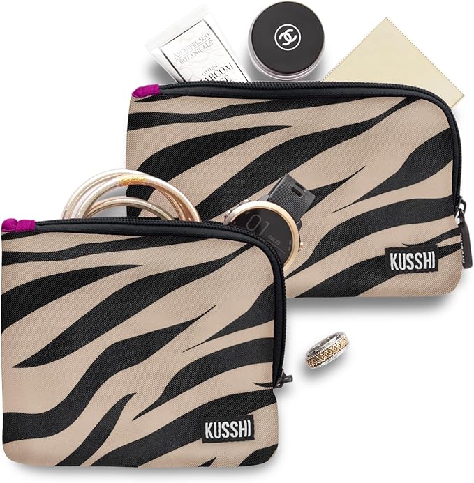 KUSSHI 2pc Neoprene On-The-Go Pouch Set - Passport Holder and Travel Zipper Makeup Pouch for Purse - Small Purse Pouch for Organization, Electronics, Glasses & Valuables (Zebra) by Unknown
