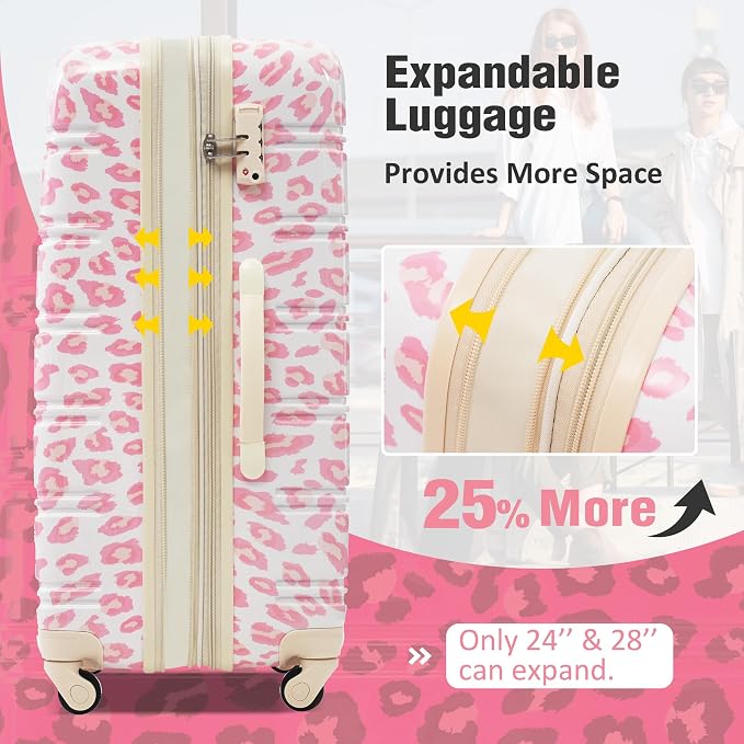 Merax Luggage Sets 3 Piece,Hardside Expandable Suitcase Set 20+24+28 IN | Lightweight Leopard Luggage with Spinner Wheels,Leopard Pink - Image 3
