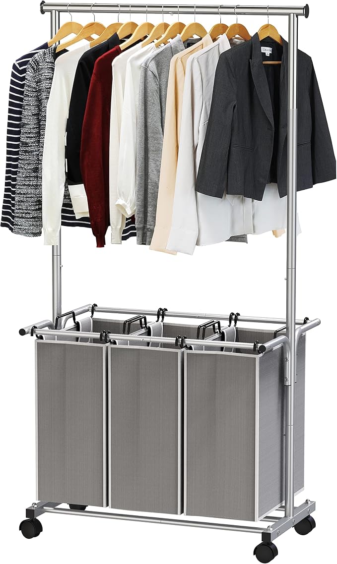 Simple Houseware 3 Bags Laundry Sorter Cart with Hanging Rod, Silver | Extendable Width from 30.6 to 48", Removable 3-Section Laundry Basket - Image 8