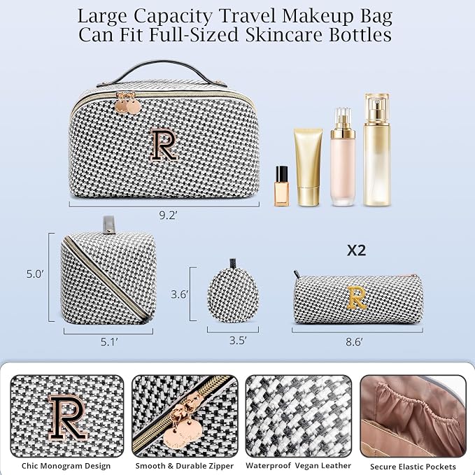 Personalized Gift Travel Makeup Bag: Initial Makeup Organizer Bag for Women | 3-in-1 Custom Make up Bag Set - Vegan Leather Travel Cosmetic Bag - Luxury Gift for Women – Birthday, Anniversary, Graduation - Image 6
