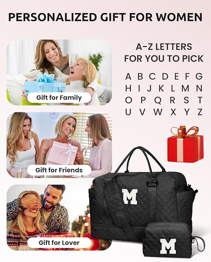 Birthday Gifts-for Women-Initial Duffle Bag with Shoe Compartment, Personalized Weekender Bag, Monogram Overnight Bag, Letter Travel Bag with Makeup Bag，Friend Wife Birthday Gift (Letter C) - Image 7