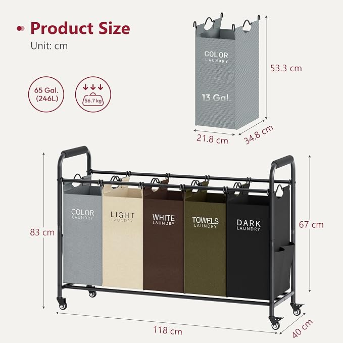 Tajsoon 5 Bag Laundry Sorter Cart, Laundry Hamper Sorter Basket with Heavy Duty Lockable Rolling Wheels for Clothes Storage, 5 Colors - Image 7
