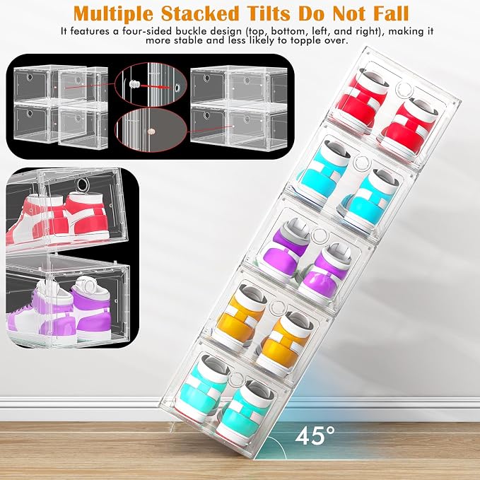 ARSTPEOE 6-Pack Clear Shoe Storage Boxes Magnetic Stackable | Upgraded Harder Material, Stackable Space-saving, Fits Sneakers & Boots, Clear Magnetic Front Door - Image 3