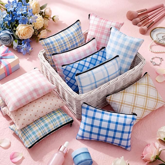 Sweetude 12 Pcs Pastel Plaid Makeup Bag Bulk Buffalo Plaid Portable Travel Cosmetic Bag with Zipper Preppy Checkered Waterproof Roomy Travel Toiletry Organizer Storage Beauty Pouch for Women Gifts - Image 2