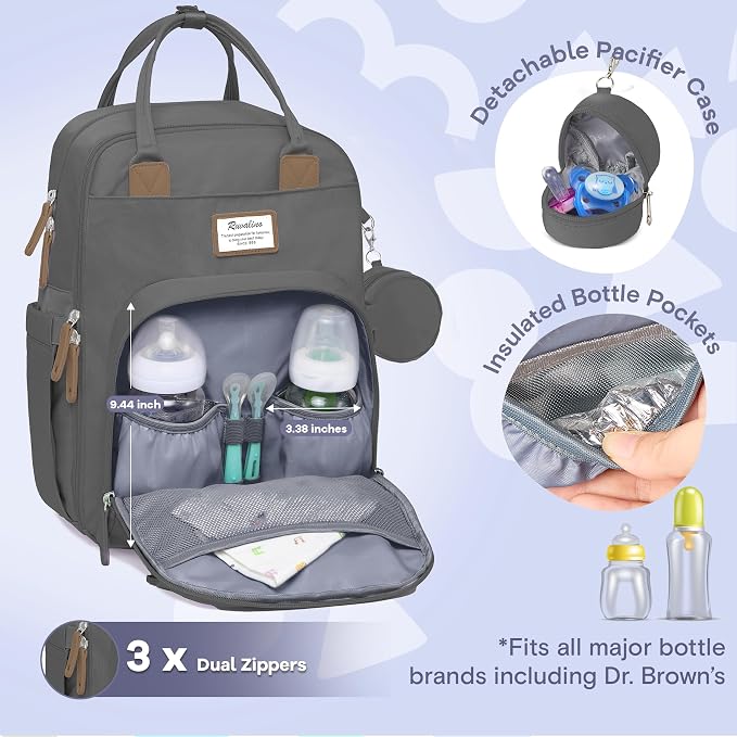 RUVALINO Diaper Bag Backpack, Multifunction Travel Back Pack Maternity Baby Changing Bags, Large Capacity, Waterproof and Stylish, Iron Gray - Image 3