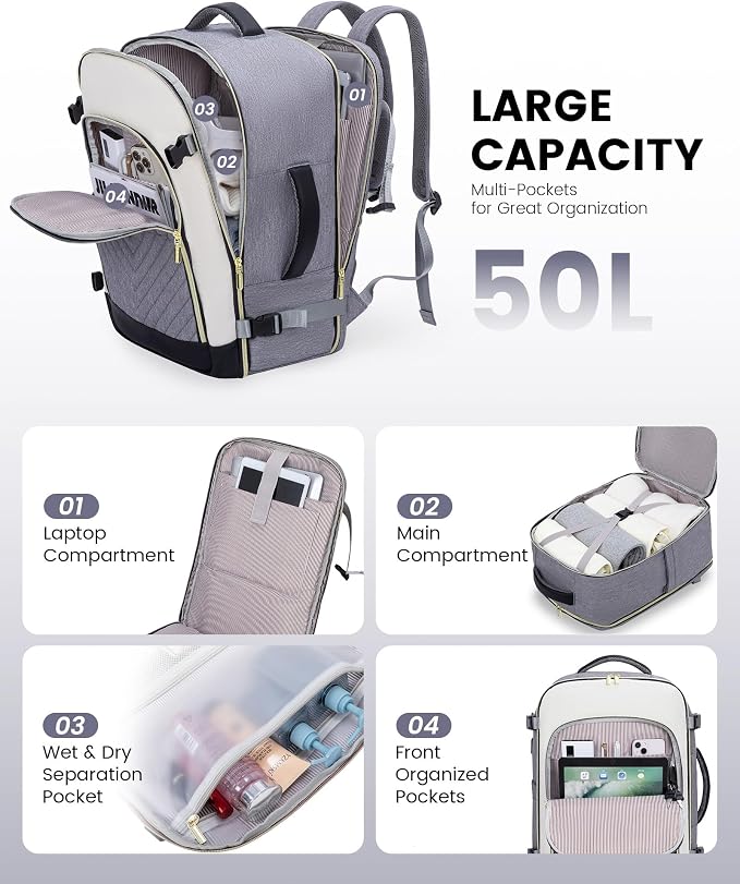 LOVEVOOK Large Travel Backpack for Women, 50L Carry on Backpack Airplane Approved, TSA Personal Item Travel Bag for Women fits 18" Laptop, Waterproof Carry on Bags for airplanes with 3 Packing Cubes - Image 3