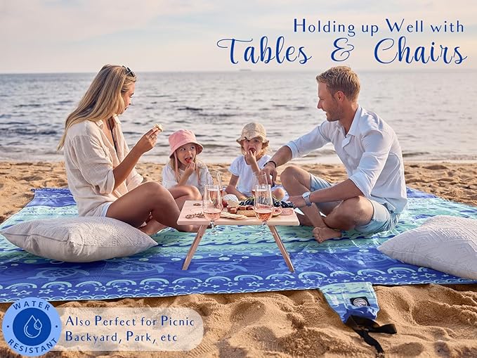 WEKAPO Beach Blanket Waterproof Sandproof Oversized Extra Large Sand Free Beach Mat with Stakes, Storage Bag - Essentials for Outdoor Beach, Picnic (Bohemian Sealife, 11 X 9 FT (1~10 Person)) - Image 4