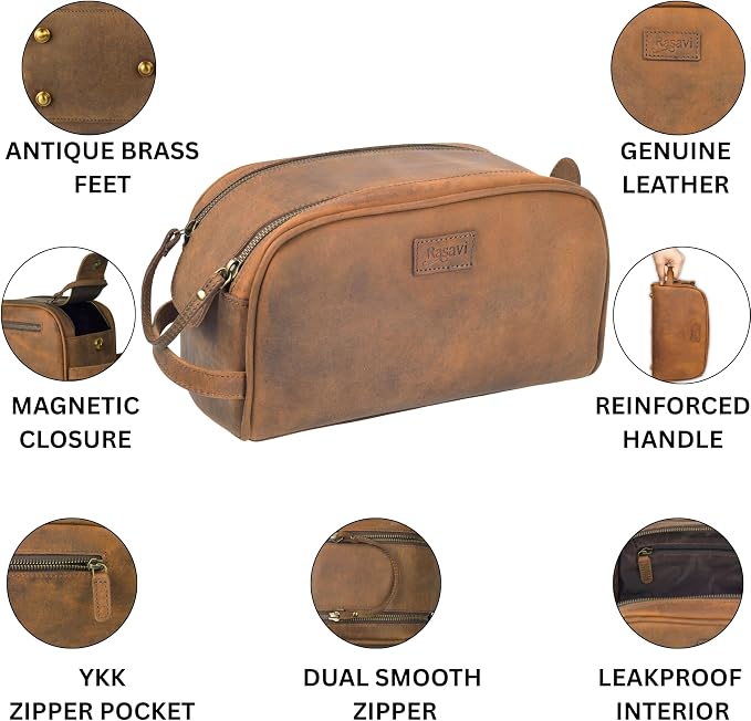 Rasavi Genuine Leather Travel Toiletry Bag, Handcrafted Vintage Water-Resistance Dopp Kit, Large Shaving & Bathroom Organizer - Gift for Men & Women - Distressed Brown - Image 4