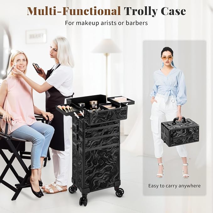 Rolling Makeup Train Case with Lid Cosmetology Case on Wheels | 5 in 1 Large Cosmetic Trolley Organizer Travel for Hairstylist Artist Nail Beauty Salon Barber Cart Trunk, Black Ink - Image 7