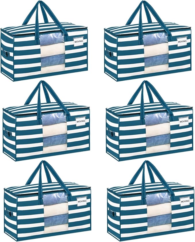 VENO 6 Pack Heavy Duty Moving Bags, Clothes and Comforter Storage Bags with Clear Window, College Dorm Essentials Packing Supplies, Foldable Boxes Alternative (Classic Navy Stripe, 6 Pack) by Veno