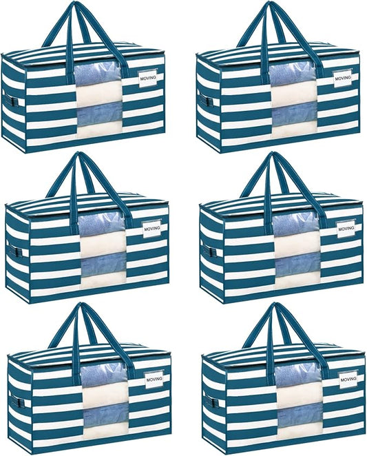 VENO 6 Pack Heavy Duty Moving Bags, Clothes and Comforter Storage Bags with Clear Window, College Dorm Essentials Packing Supplies, Foldable Boxes Alternative (Classic Navy Stripe, 6 Pack) by Veno